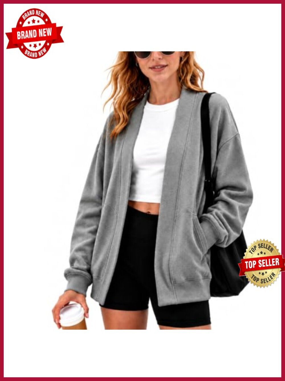 Oversized Cotton Blend Open Front Cardigan Sweatshirt with Pockets